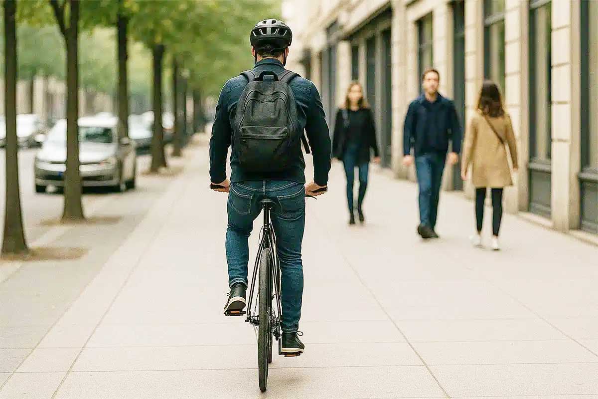 Un cycliste roule sur le trottoir.