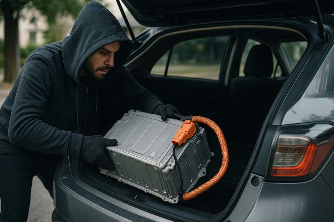 Les voleurs ciblent de plus en plus les batteries des véhicules hybrides à cause de leur accessibilité. Image d'illustration non contractuelle. Crédit photo : Alexandre Bonazzi pour NeozOne (générée par IA)