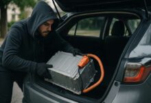 Les voleurs ciblent de plus en plus les batteries des véhicules hybrides à cause de leur accessibilité. Image d'illustration non contractuelle. Crédit photo : Alexandre Bonazzi pour NeozOne (générée par IA)