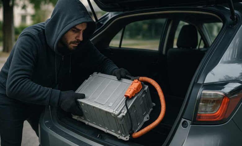 Les voleurs ciblent de plus en plus les batteries des véhicules hybrides à cause de leur accessibilité. Image d'illustration non contractuelle. Crédit photo : Alexandre Bonazzi pour NeozOne (générée par IA)