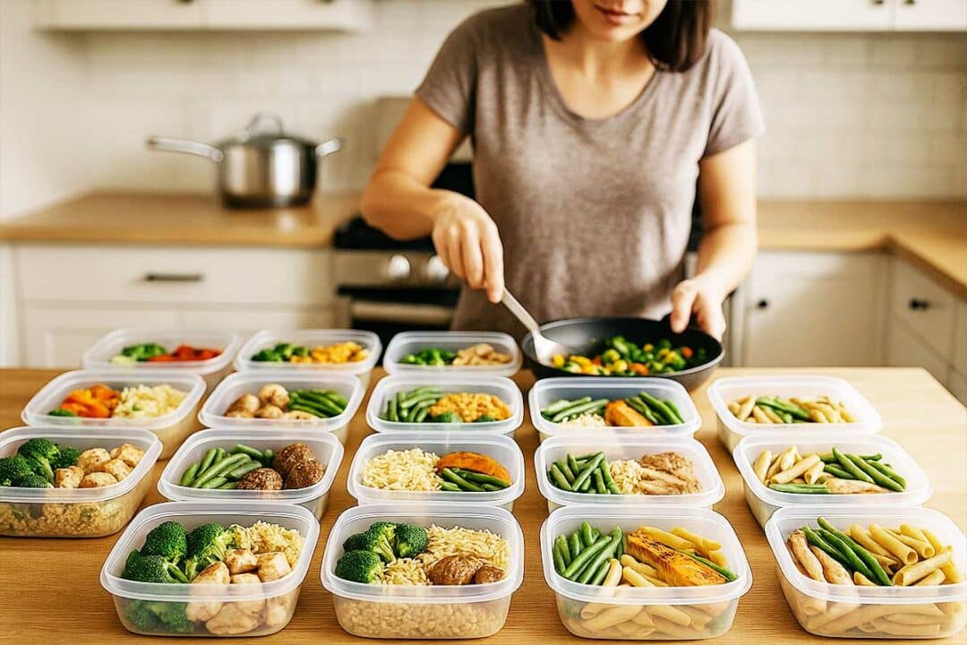 Une femme cuisine ses repas pour la semaine.
