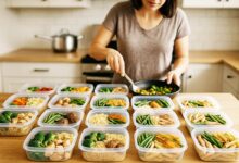 Une femme cuisine ses repas pour la semaine.