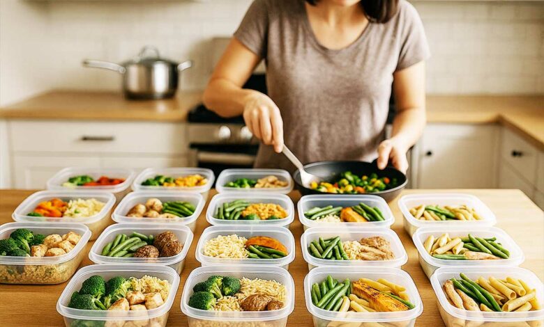 Une femme cuisine ses repas pour la semaine.
