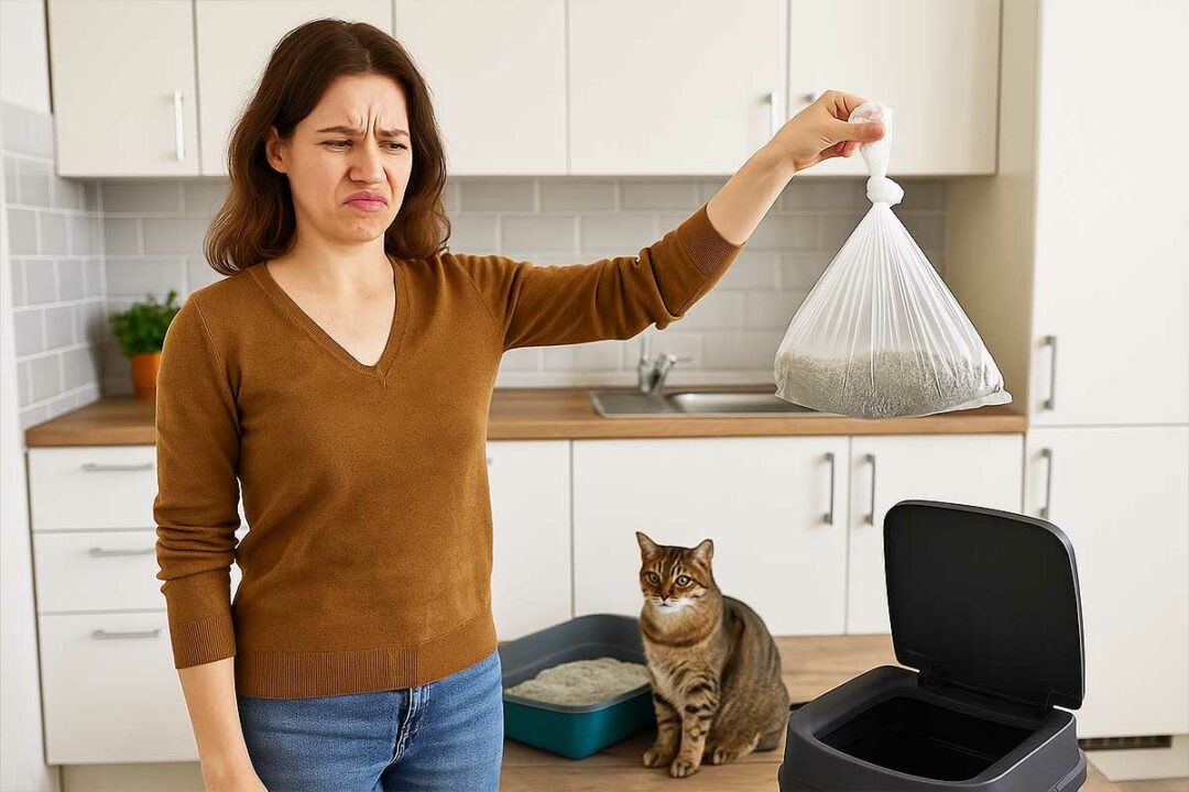 Une femme tient un sac plastique avec la litière souillée de son chat.