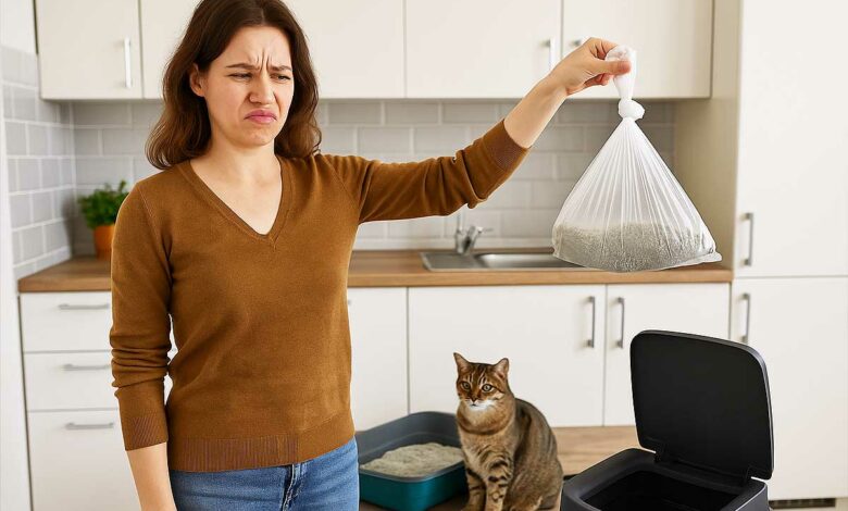 Une femme tient un sac plastique avec la litière souillée de son chat.