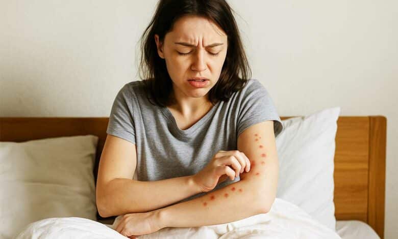 Une femme se gratte après des piqures de punaises de lit.