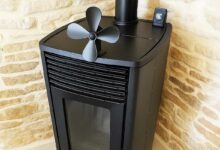 Un ventilateur 4 pales posé sur un poêle.