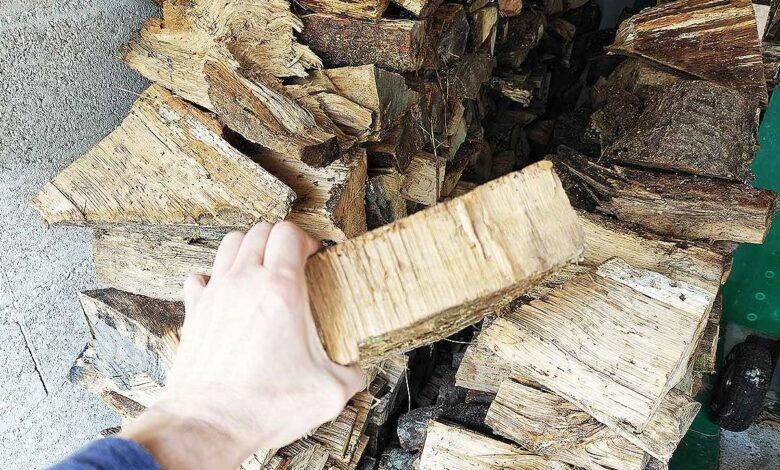 Un tas de bois et une buche tenue en main.