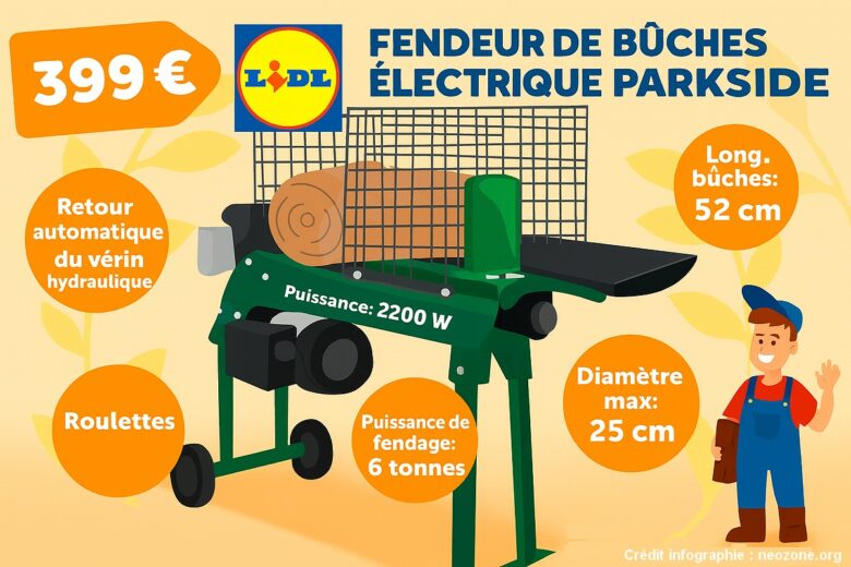 Infographie : les caractéristiques essentielles du fendeur de bûches électrique Parkside proposé par Lidl à 399 €, une alternative puissante et sécurisée à la hache traditionnelle.