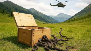Un hélicoptère s'éloigne après avoir largué une caisse de vipères.