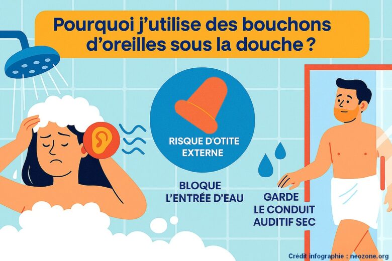 Infographie : pourquoi utiliser des bouchons d’oreilles sous la douche pour protéger ses tympans et éviter les otites externes.