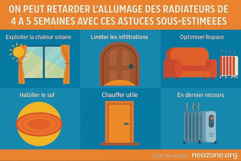 Infographie : astuces simples et efficaces pour retarder l’allumage des radiateurs de 4 à 5 semaines tout en restant bien au chaud.