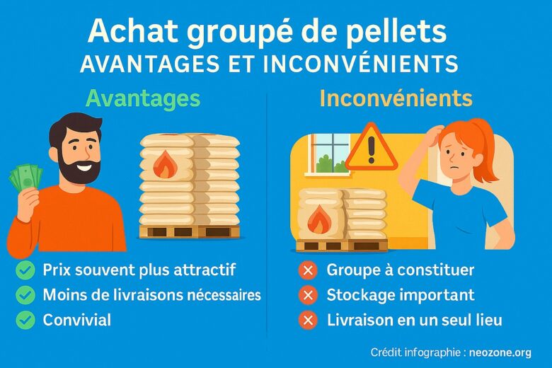 Infographie : avantages et inconvénients de l’achat groupé de granulés (pellets) de bois.