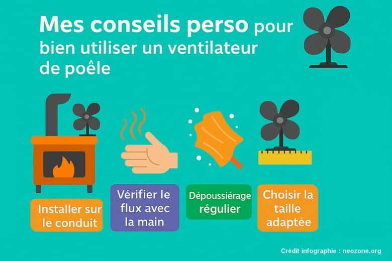 Infographie : mes conseils pratiques et personnels pour utiliser efficacement un ventilateur de poêle et optimiser la chaleur de votre maison.