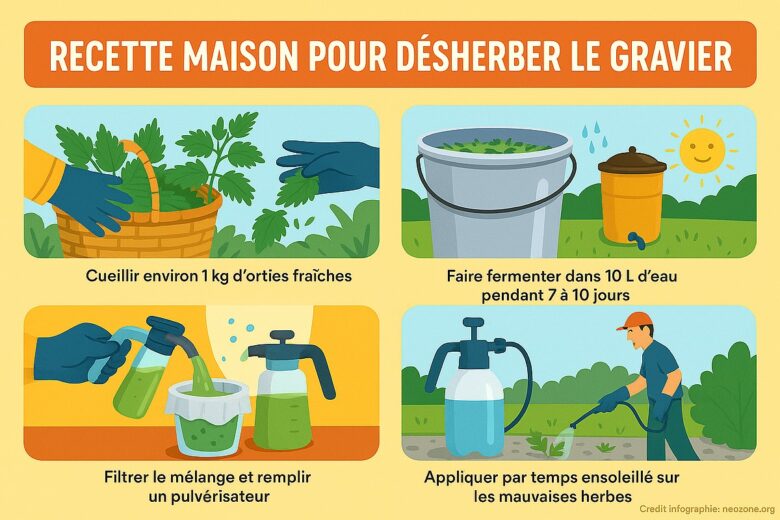Infographie : recette maison au purin d’ortie pour désherber le gravier naturellement, en quatre étapes simples et écologiques.