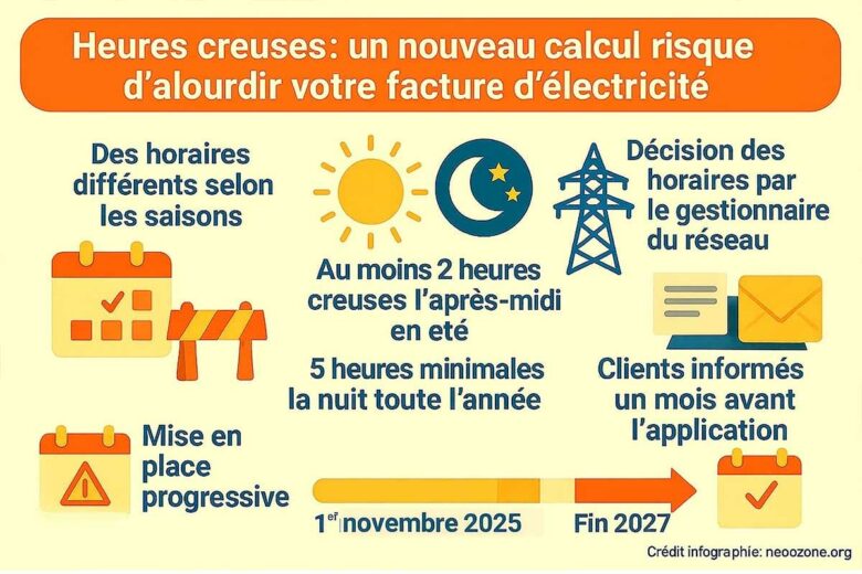 Infographie : les nouvelles règles des heures creuses dès novembre 2025, alignées sur la production solaire et mises en place jusqu’en 2027. Crédit infographie : neozone.org
