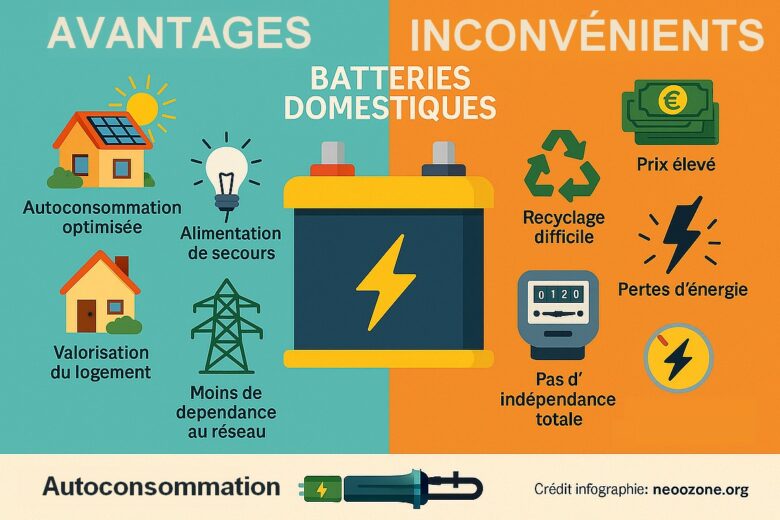 Infographie : inconvénients des batteries domestiques, entre autonomie énergétique, valorisation du logement et limites liées au coût, au recyclage et à l’indépendance totale.