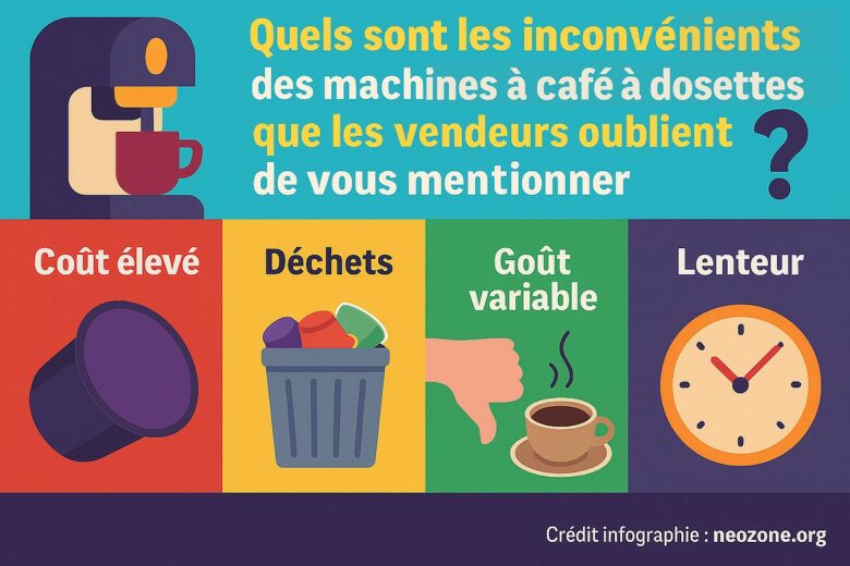 Infographie : les principaux inconvénients des machines à café à dosettes, entre coût élevé, déchets, goût parfois variable et lenteur en collectivité.