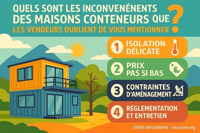 Infographie : les principaux inconvénients des maisons conteneurs – isolation délicate, prix plus élevé que prévu, contraintes d’aménagement et réglementation stricte.