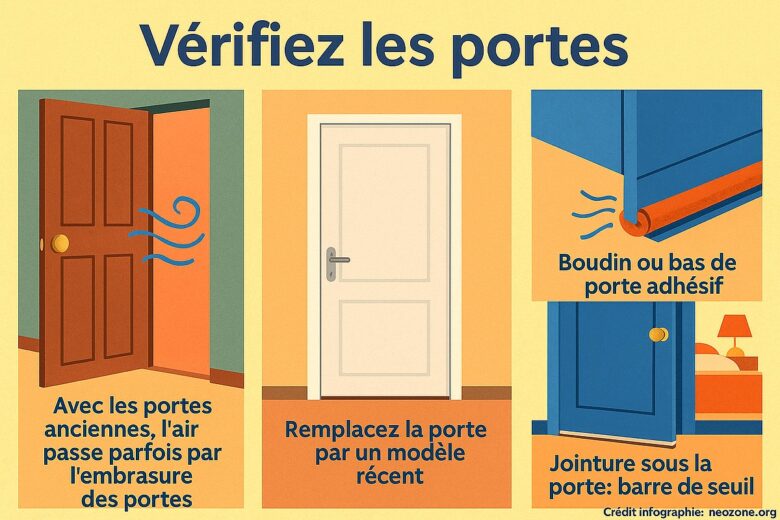Infographie : astuces simples pour bloquer les courants d’air aux portes et réduire sa consommation de chauffage cet hiver.