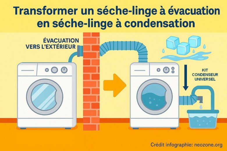 Infographie : l'astuce du kit condenseur pour transformer votre sèche-linge à évacuation.