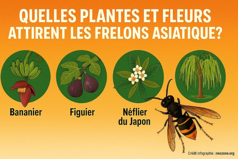 Infographie : les plantes qui attirent le plus les frelons asiatiques dans nos jardins (bananier, figuier, néflier du Japon, saule pleureur).