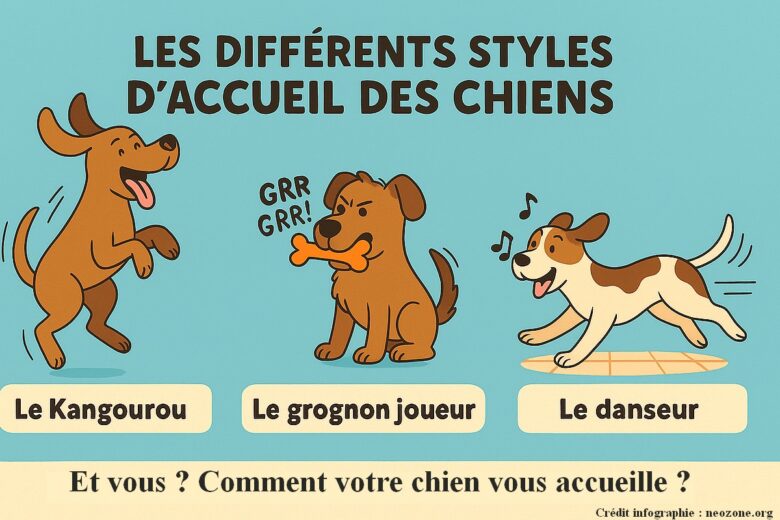 Infographie : découvrez les différents styles d’accueil des chiens, entre bonds de kangourou, grognements joueurs et pas de danse joyeux.