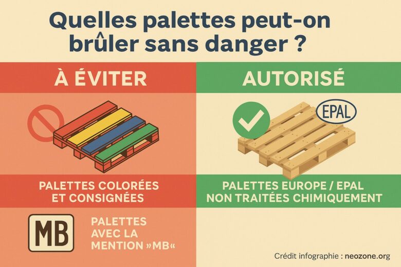 Infographie : palettes de bois à éviter et palettes autorisées pour un chauffage sans danger dans un poêle ou une cheminée.