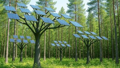 Des arbres photovoltaïques dans la forêt.