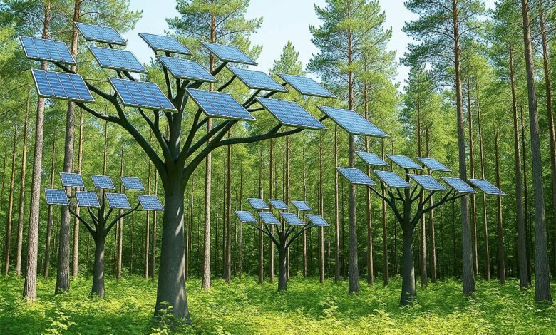 Des arbres photovoltaïques dans la forêt.