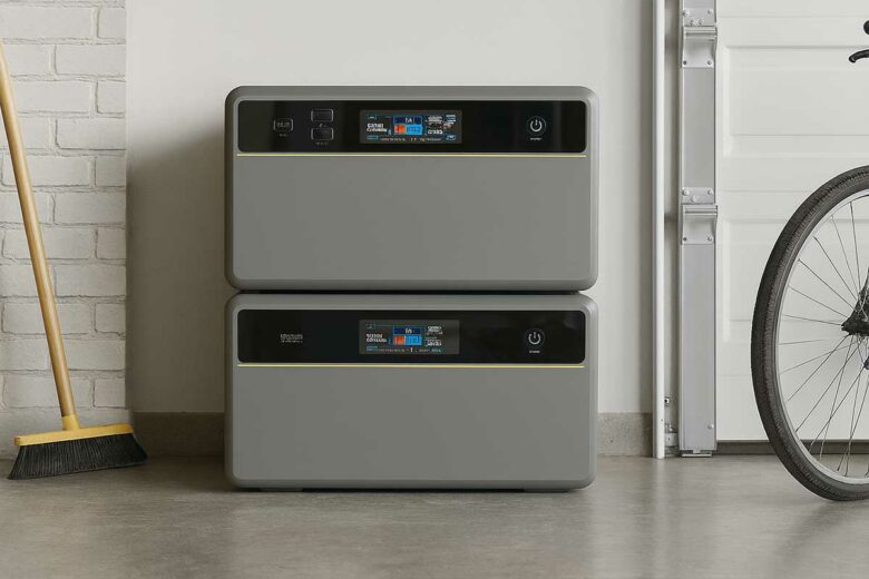 Une batterie résidentielle installée dans le garage.