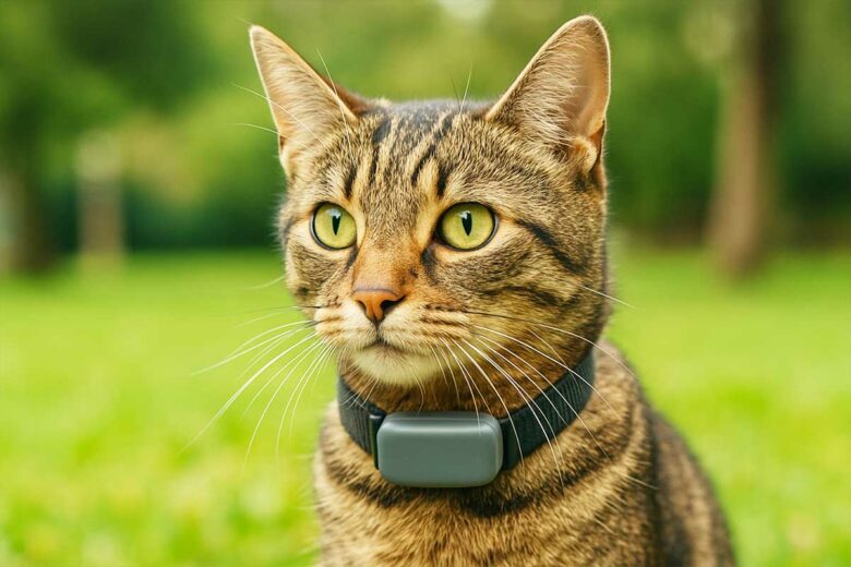 Un chat avec un collier GPS.