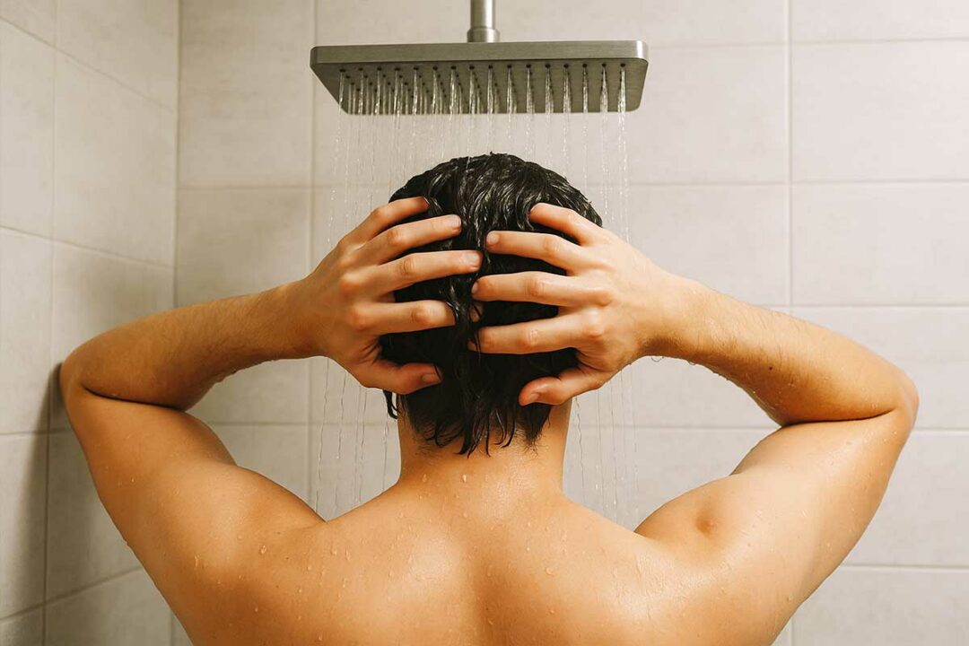 Un homme prend une douche.