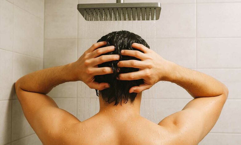 Un homme prend une douche.