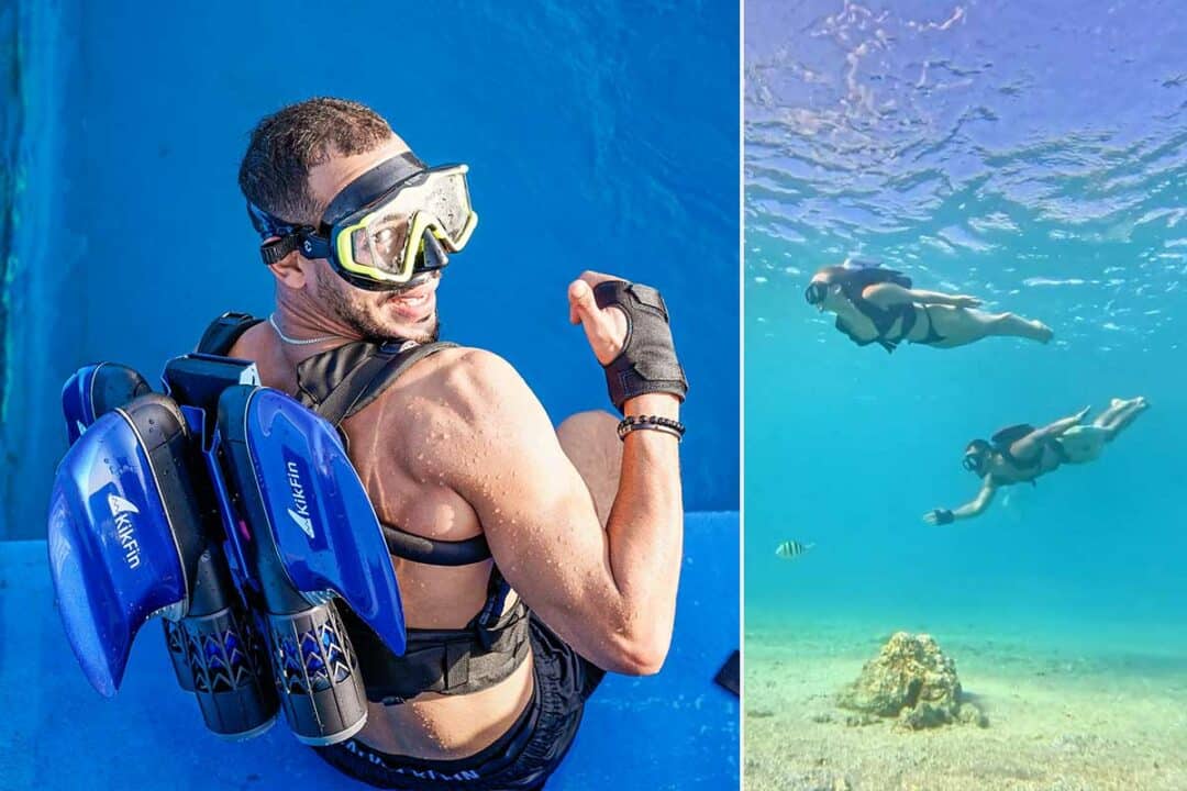 Un nageur équipé du jetpack Shark de KikFin.