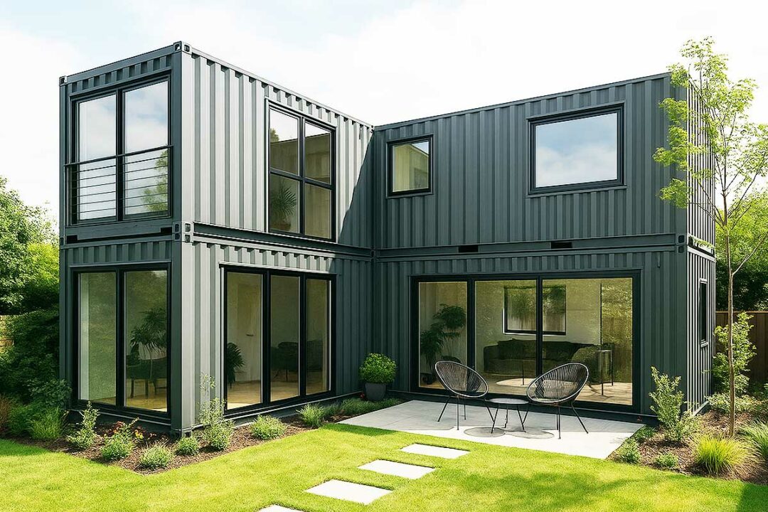 Une maison faite de 4 conteneurs maritimes.