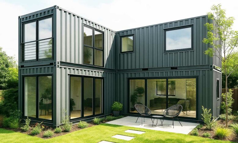 Une maison faite de 4 conteneurs maritimes.