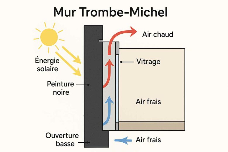 Principe de fonctionnement d'un mur Trombe.