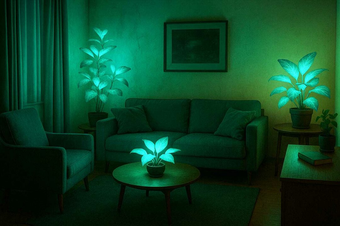 Un appartement éclairé par des plantes bioluminescentes.