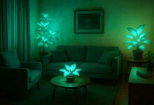 Un appartement éclairé par des plantes bioluminescentes.