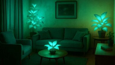 Un appartement éclairé par des plantes bioluminescentes.