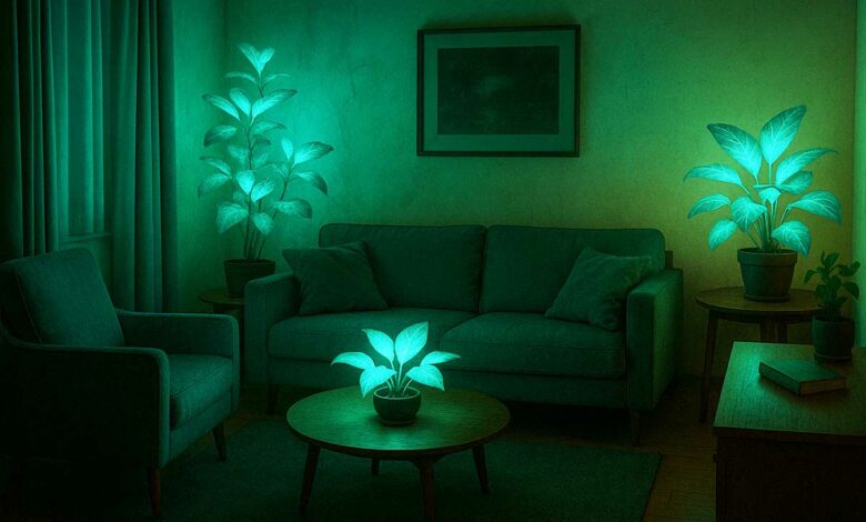 Un appartement éclairé par des plantes bioluminescentes.