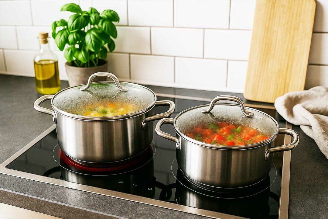Deux casseroles mijotent sur une plaque à induction.