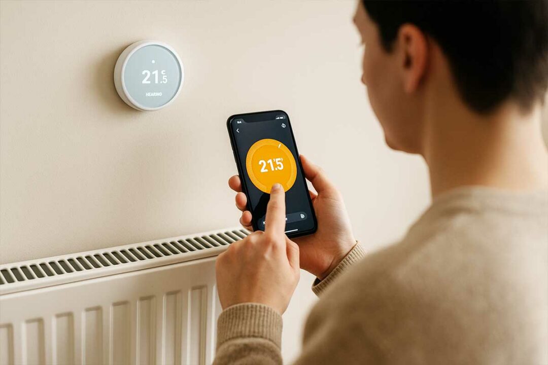 Un homme pilote son thermostat connecté depuis son téléphone.