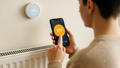 Un homme pilote son thermostat connecté depuis son téléphone.