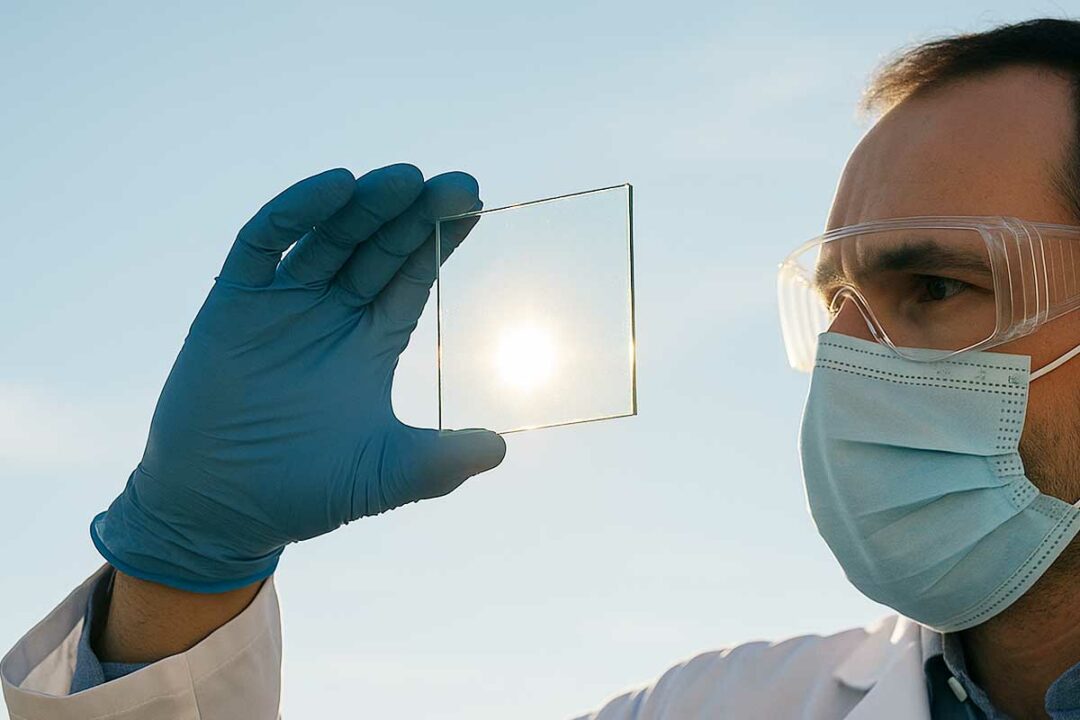 Un chercheur devant un verre photovoltaïque.