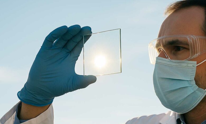 Un chercheur devant un verre photovoltaïque.