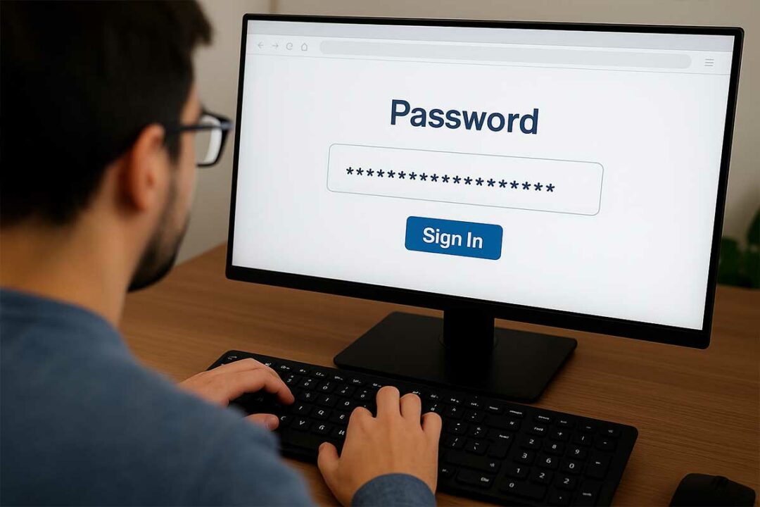 Un homme entre son mot de passe sur un site.