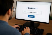 Un homme entre son mot de passe sur un site.