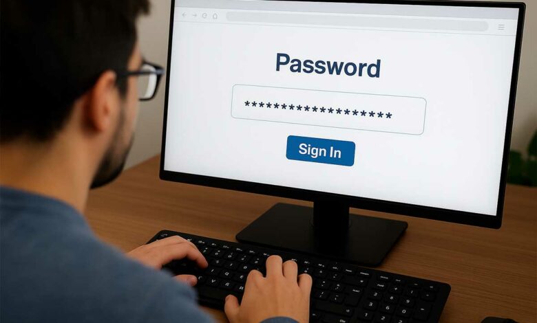 Un homme entre son mot de passe sur un site.